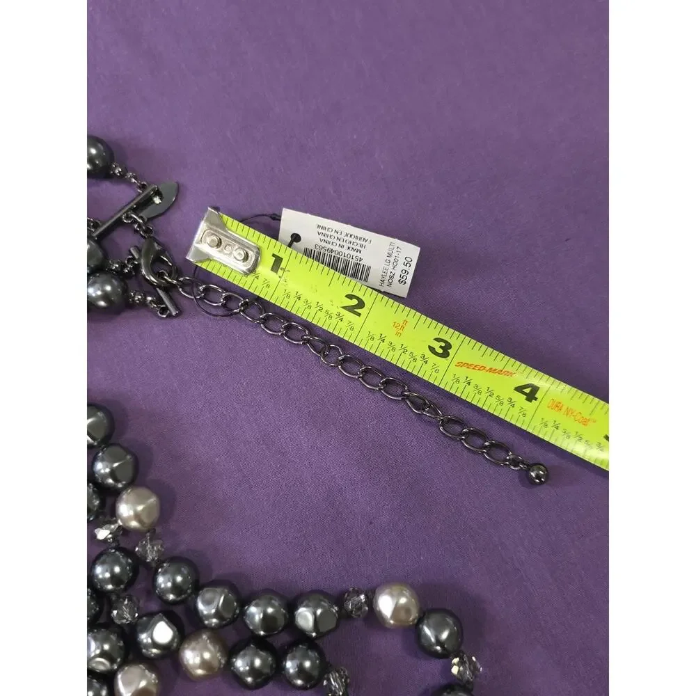 Chico's Signed Necklace Long 2 Layer Beaded Charcoal Silver Gunmetal Statement